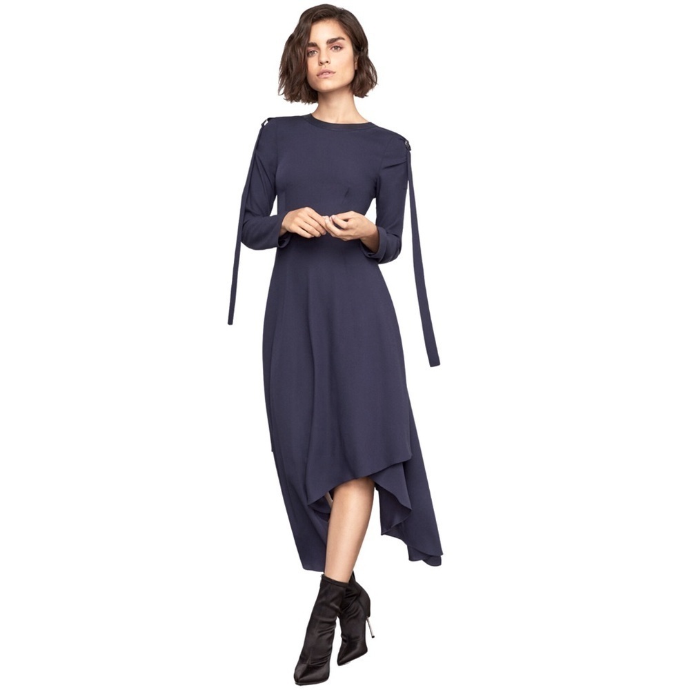 NWT! BCBGMAXAZRIA Asymmetrical Pleather Trimmed Dark Pacific Blue Dress size 0